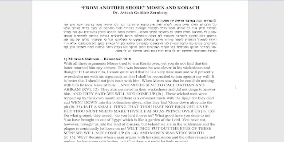 From Another Shore: Moshe and Korach Revelation and its Discontents.